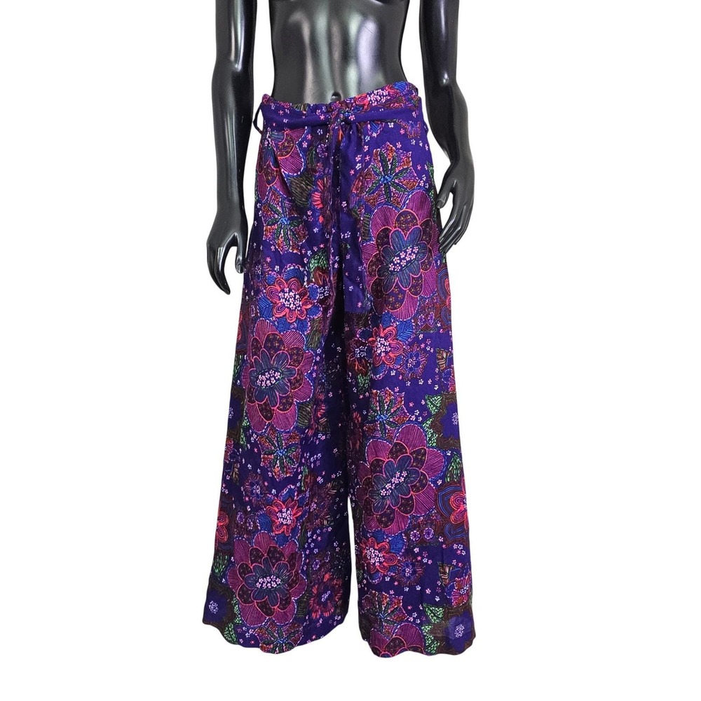 Vintage 70s Palazzo Pants Psychedelic Floral Wide Leg Purple Hi Waist Hippie